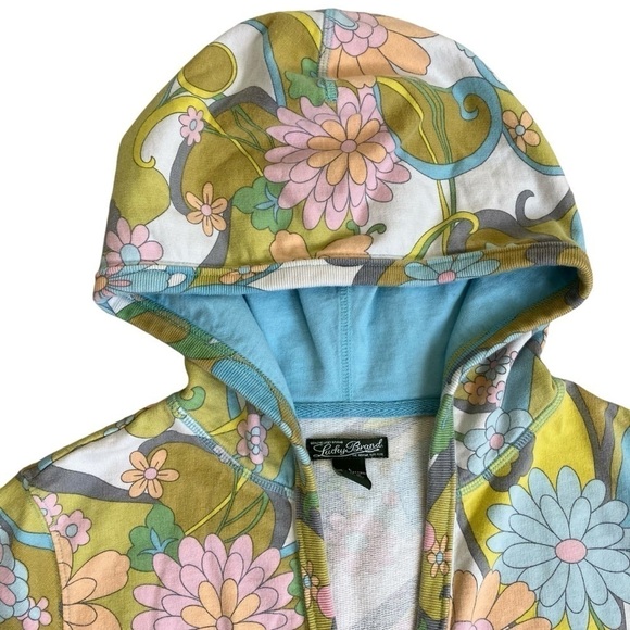 Lucky Brand Y2K Sweatshirt Cap Sleeve Hooded Vest Groovy Flower Power 70s Print - Picture 9 of 16